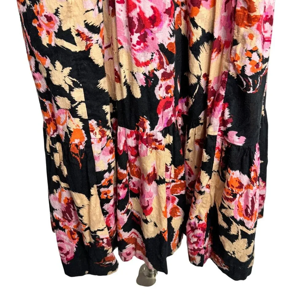 Anthropologie 100% Cotton Boho‎ Black Floral Pink Maxi Dress Balloon Sleeve